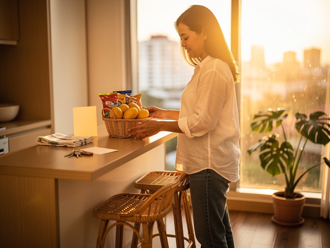 Owner-host arranging a welcome basket of mangoes beside the keys on the kitchen counter of her sunlit Manila condo