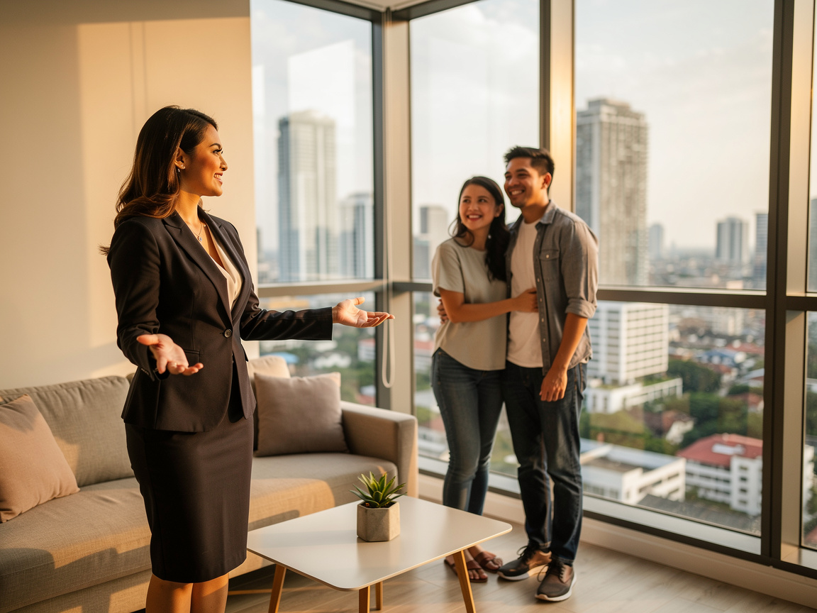 Real estate agent presenting a high-rise condo unit to a young couple against a city view at sunset