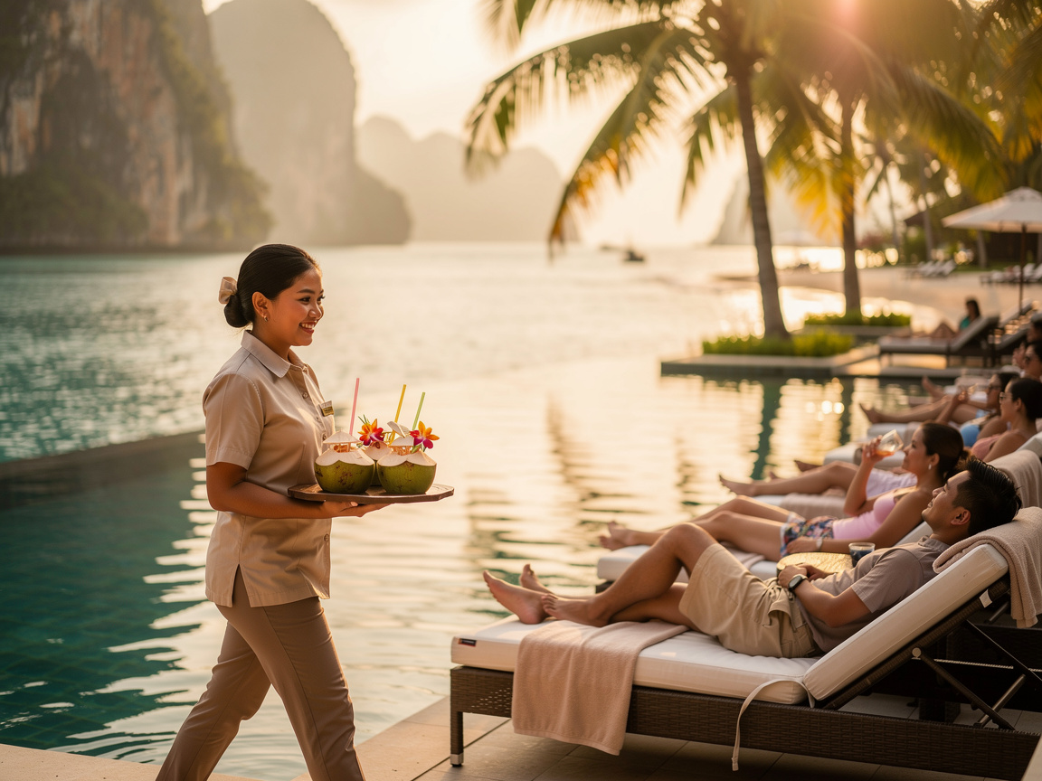 Resort staff serving fresh coconut drinks to guests on poolside loungers at golden hour