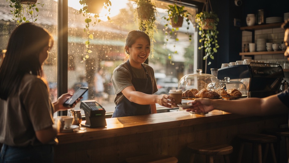 The barista handing over a coffee at the counter in the morning light, a customer paying by phone
