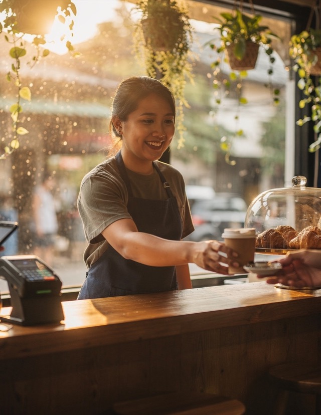 A barista smiling and handing a takeaway coffee across the counter, golden morning light, a customer paying by phone