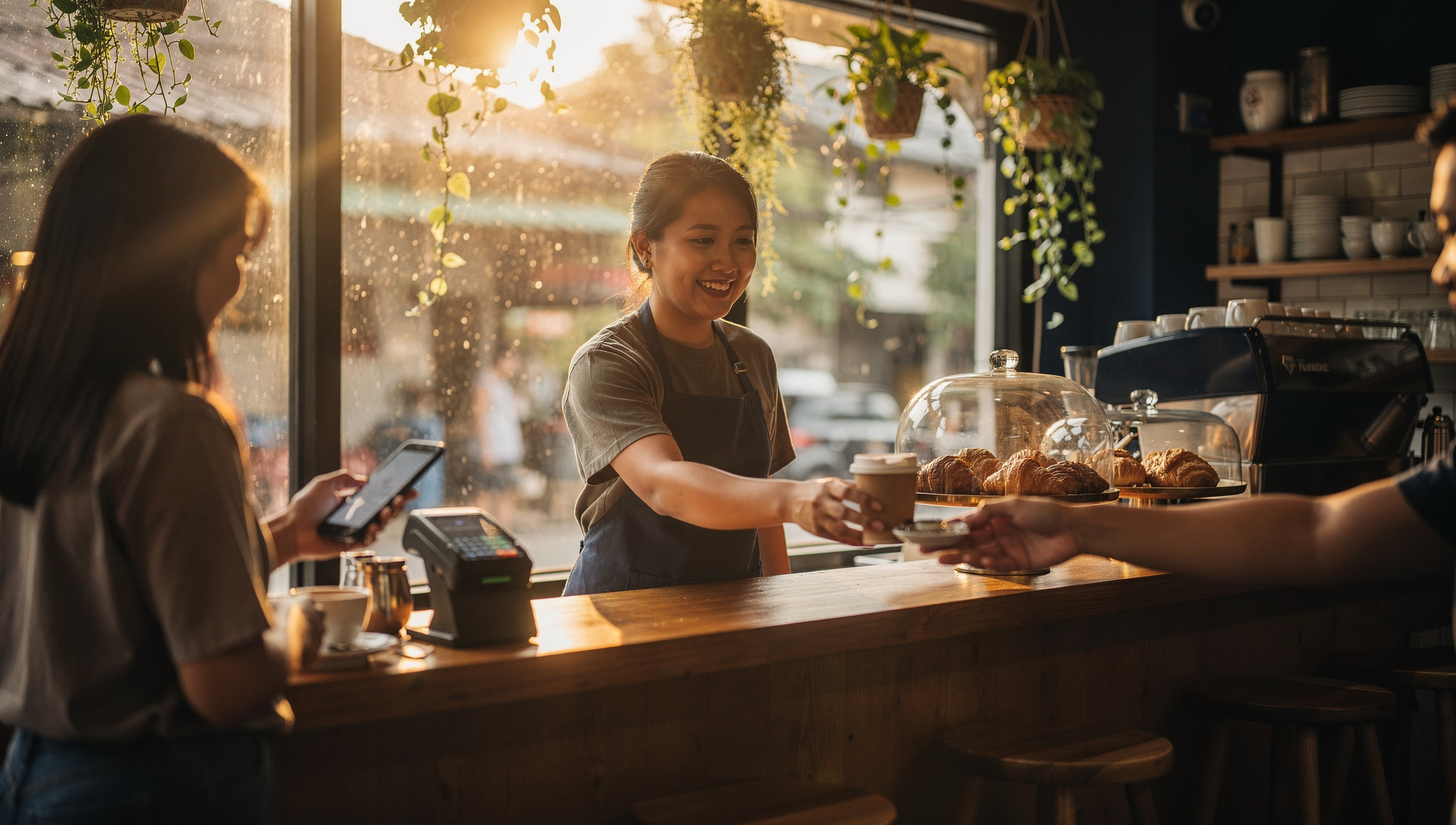 A Quezon City café at golden morning — a barista smiling and handing a customer a takeaway coffee across the timber counter, the customer paying by phone