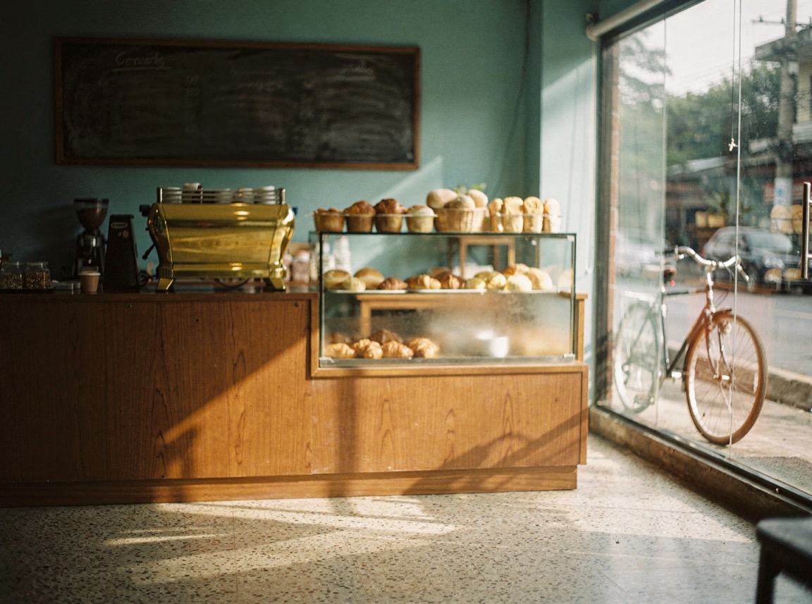 An independent café in Quezon City at opening time, empty and ready — timber counter, brass espresso machine, pastries in the case, morning light on the floor