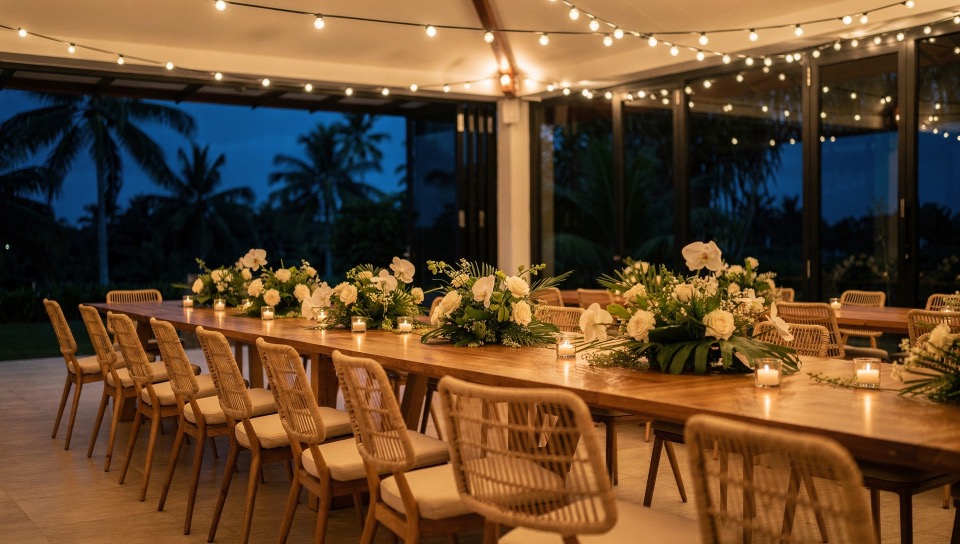 The hall styled and ready at dusk