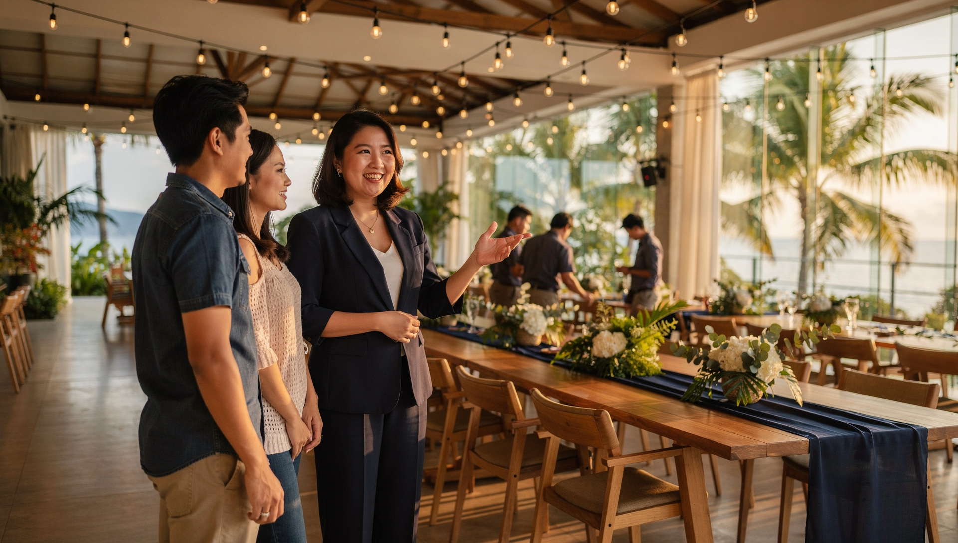 An events manager showing a couple around the hall mid-setup — staff arranging florals along the long tables