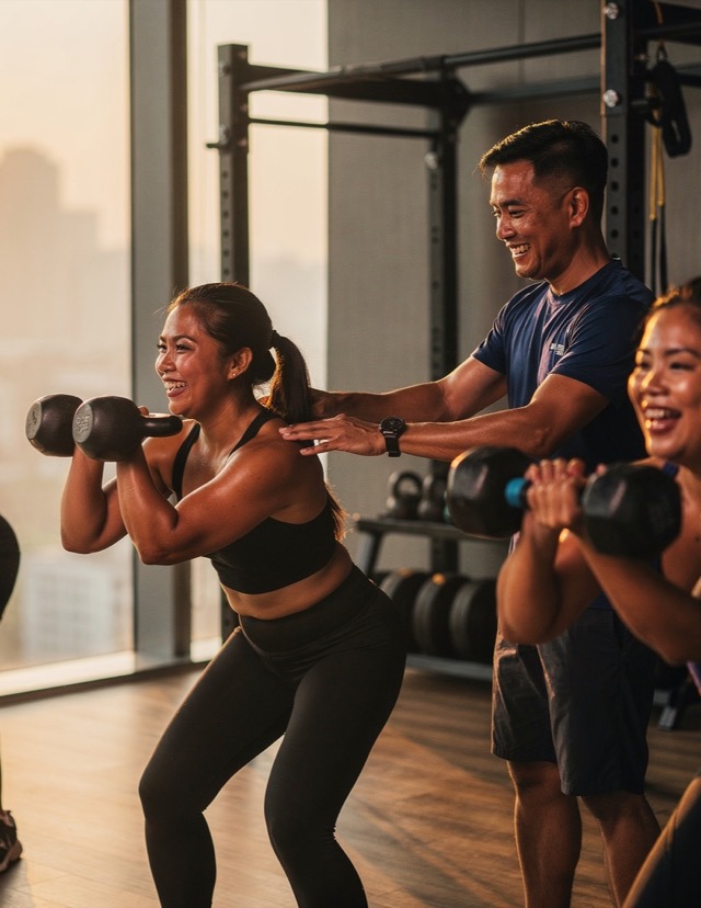 A sunrise strength class mid-workout — members with kettlebells, warm light