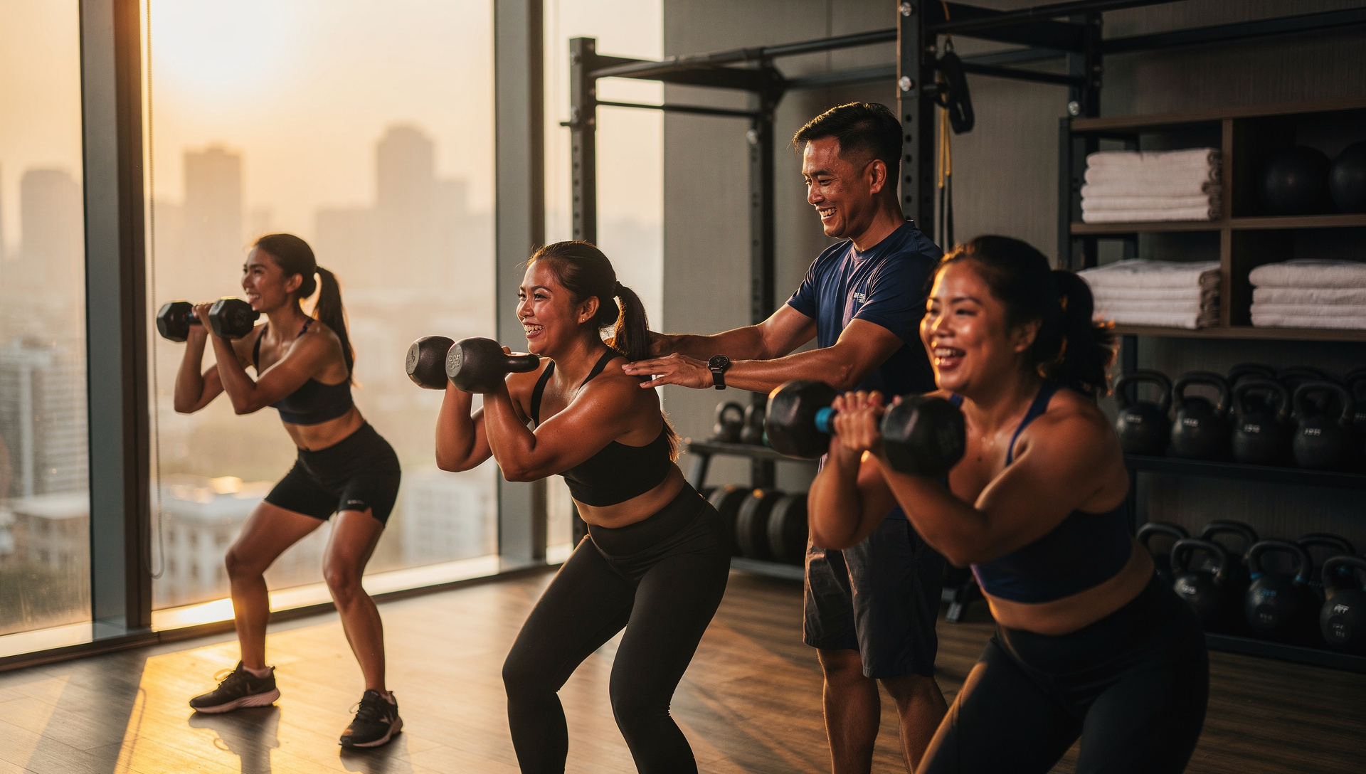 A sunrise strength class at a boutique Makati gym — four members squatting with kettlebells, a coach smiling and adjusting form, the city skyline behind