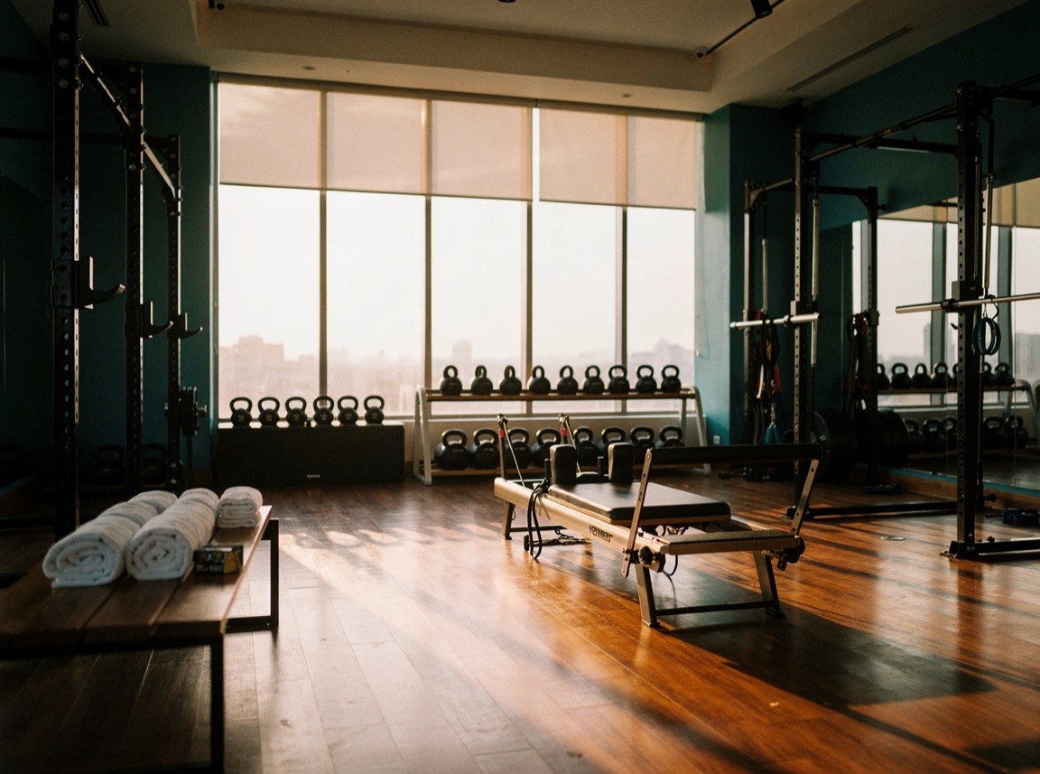 A boutique gym in Makati at sunrise, empty and ready — wood floor, black racks, folded towels