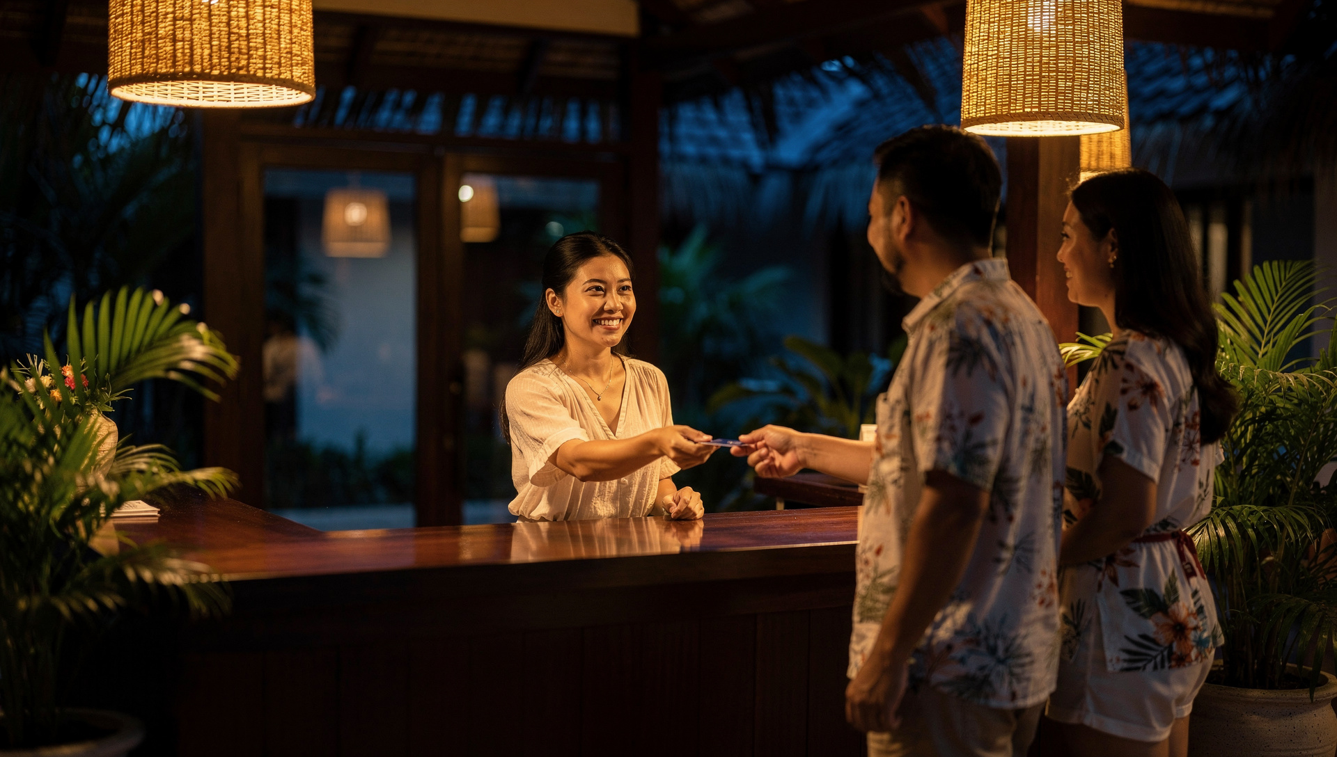 A warm boutique hotel front desk at dusk — a smiling receptionist handing a key card to a guest couple under rattan lanterns