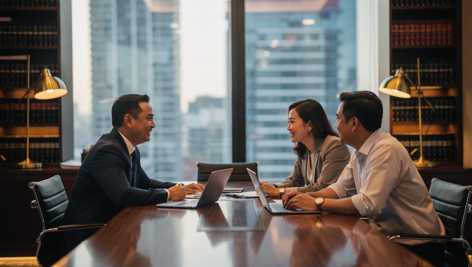 A partner reviewing documents with a client couple across the table, BGC skyline behind