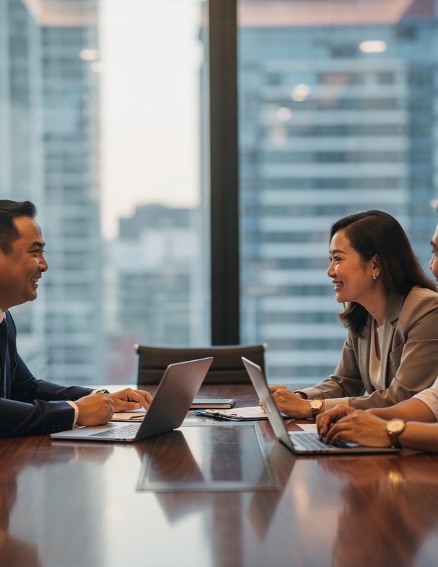 Two lawyers consulting warmly with a client couple at a long wooden table, the BGC skyline behind