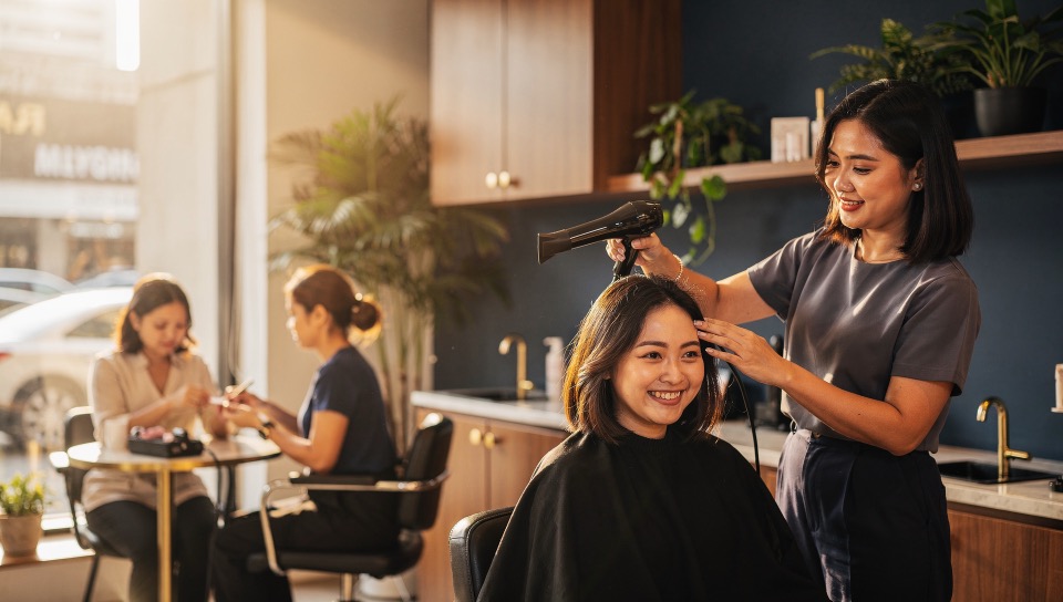 A stylist finishing a client’s blow-dry as another client gets a manicure behind