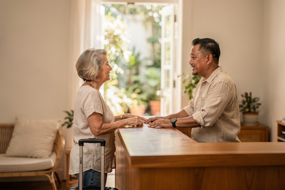 A hotel host helping an arriving guest in a bright, welcoming lobby