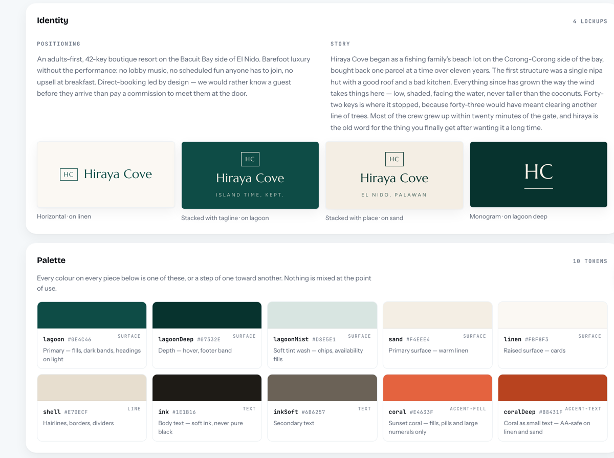 ely Brand tab for Hiraya Cove showing four saved identity lockups and a ten-token colour palette