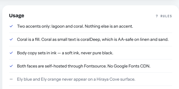 ely Brand tab usage rules for Hiraya Cove, five of seven shown