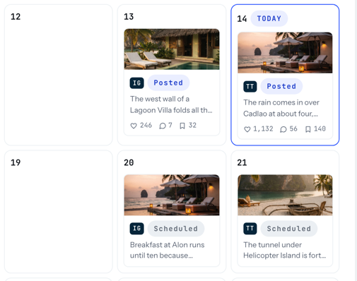 Mockup of a social tab calendar for Hiraya Cove, illustrating what a 12–21 February view could look like once this alpha module is built