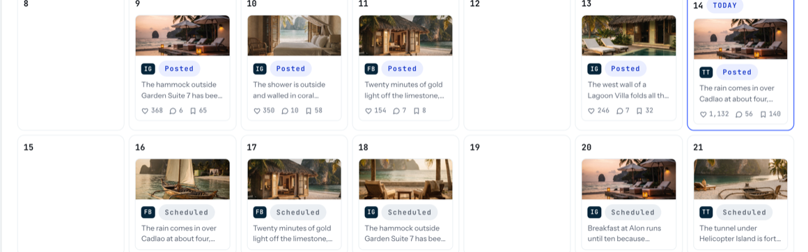 The app's Social tab showing a mockup of a February content calendar, illustrating status labels for approved and queued drafts