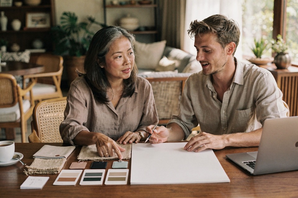 Hotel manager and designer reviewing printed menu, colour swatches and a campaign proof