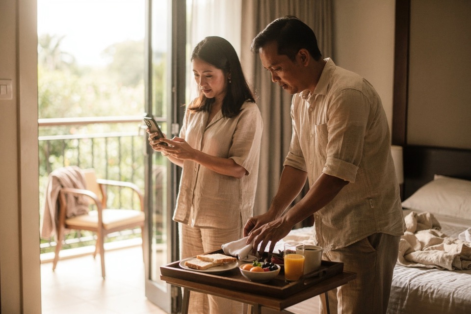 Two hotel guests preparing breakfast in a sunlit guest room