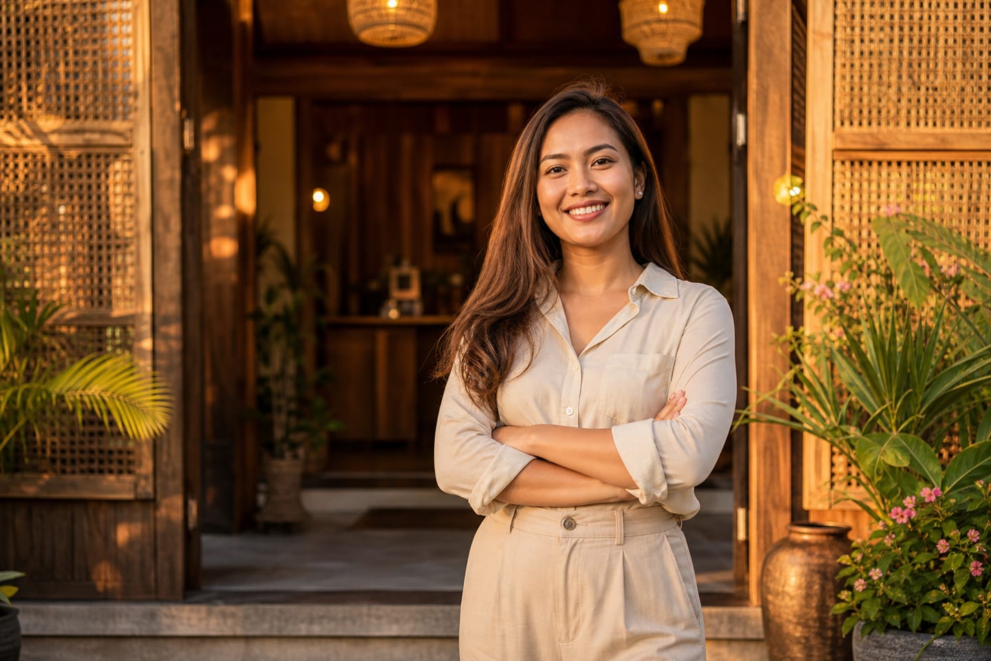 An owner standing proudly at the entrance of her small boutique hotel at golden hour